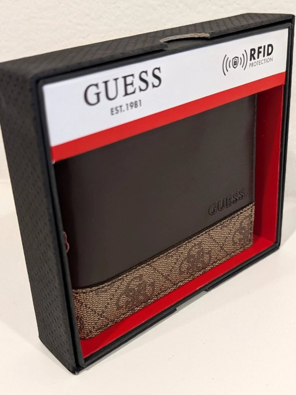 Guess Mens RFID Blocking Bifold Wallet | Brown Leather Monogram NIB